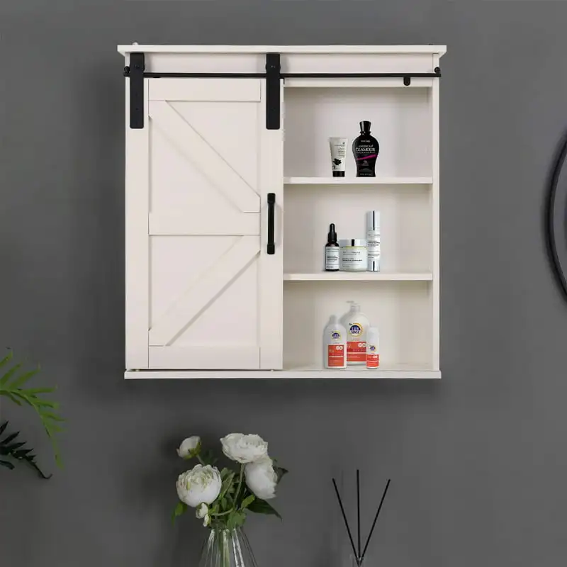 

Chic 23.6'' White 3-Tier Wall Mounted Sliding Barn Door Medicine Cabinet Storage. Trolley cart Makeup organizer Jewelry box Ki