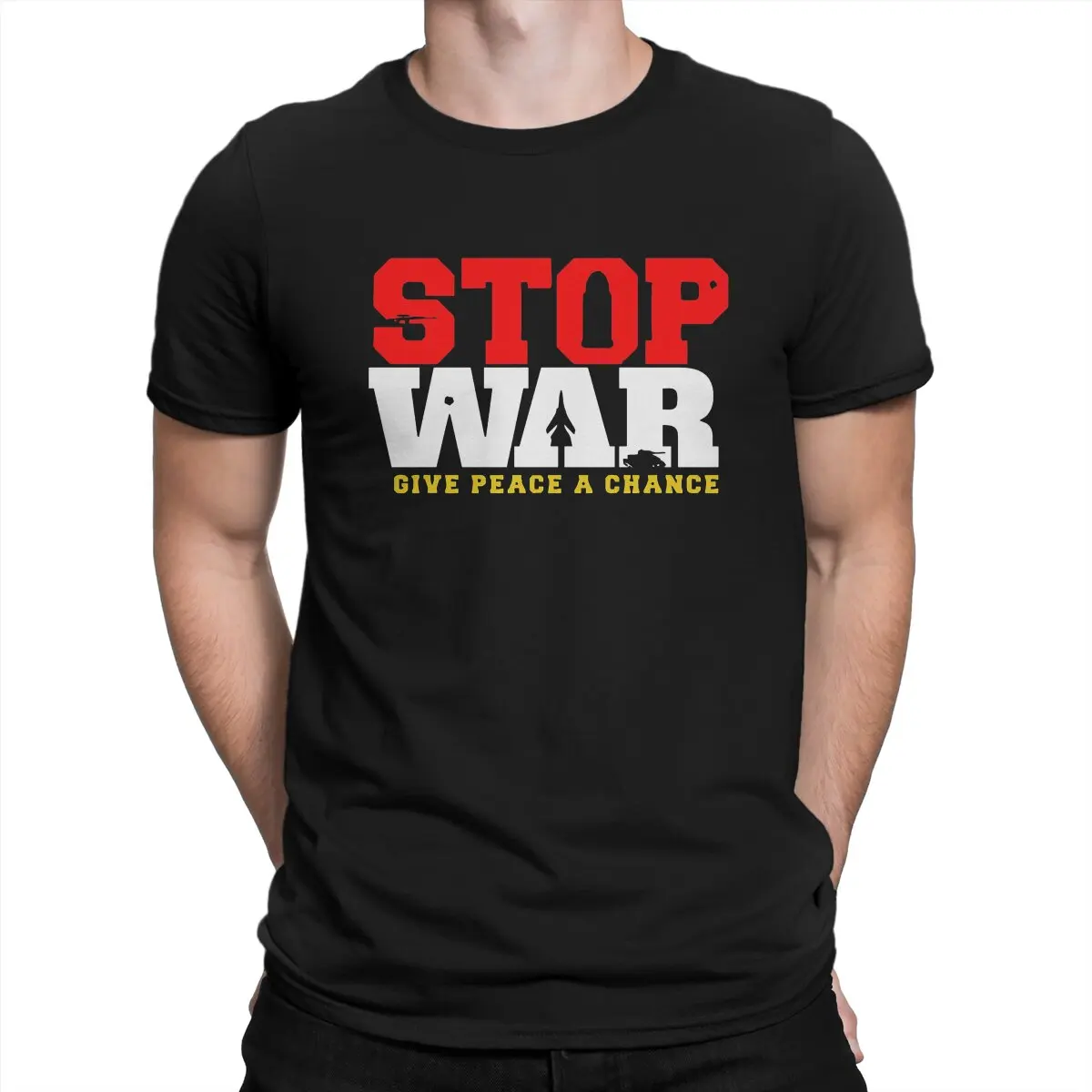 

Crazy Give Peace a Chance T-Shirts for Men Round Collar 100% Cotton T Shirt Stop the Wars No War Short Sleeve Tee Shirt