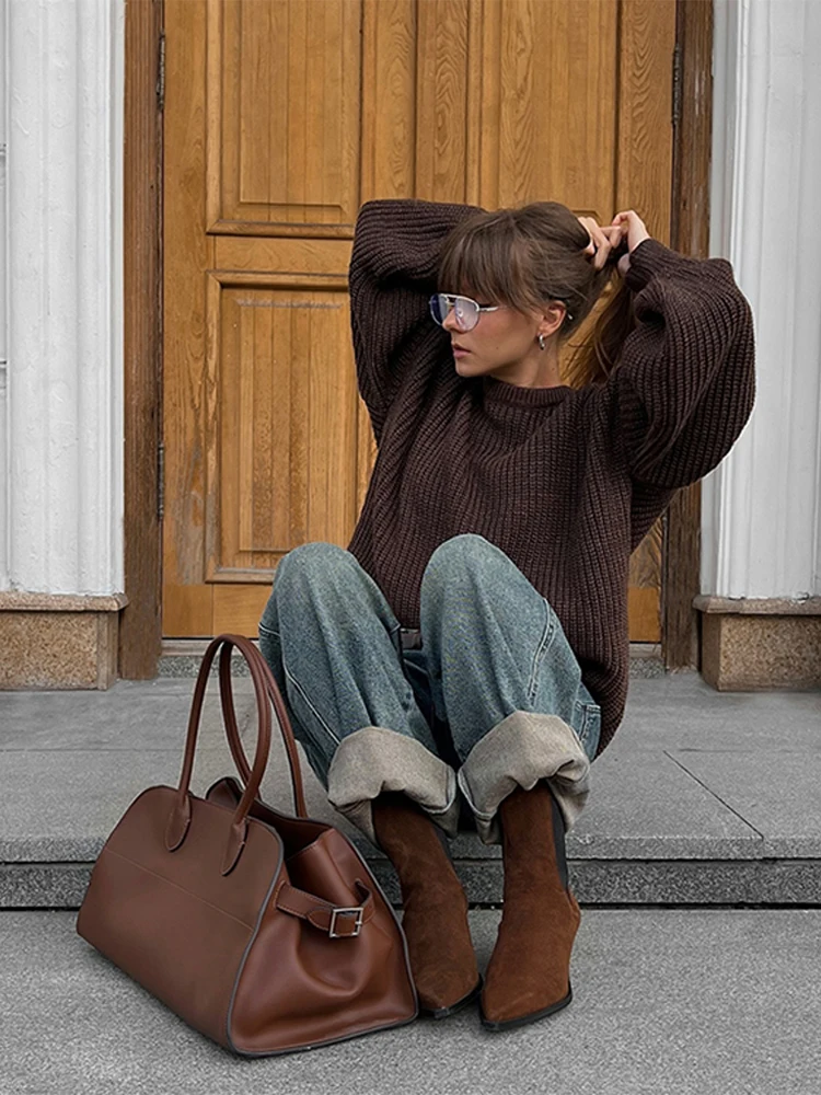 Винтажный вязаный женский свитер оверсайз с длинными рукавами-фонариками и