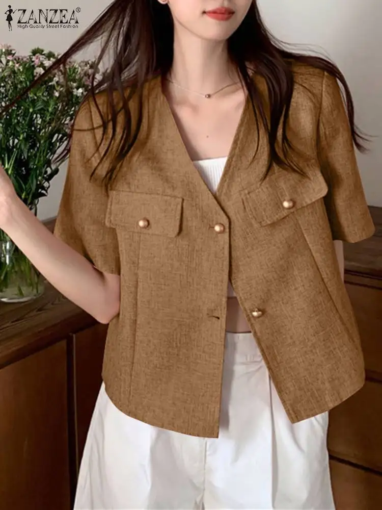 

ZANZEA Women V Neck Shirt 2023 Summer Short Sleeve Casual Buttons Overshirt Korean Fashion Solid Color Blouse OL Versatile Tops
