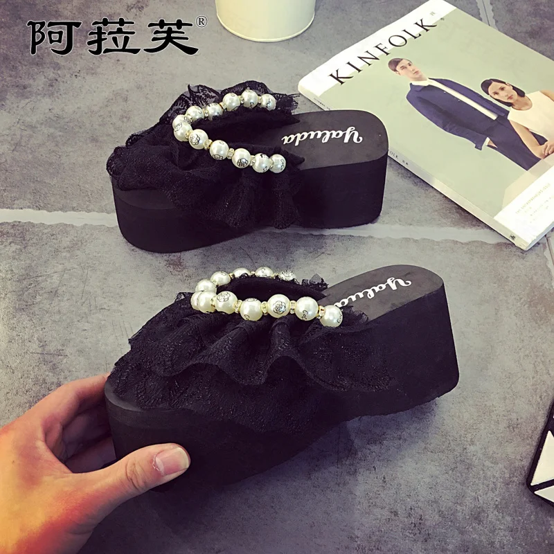 

Шлепанцы на платформе, летние дизайнерские шлепанцы на плоской подошве, со шнуровкой и бусинами, шлепанцы с застежкой-носком, сланцы для пля...