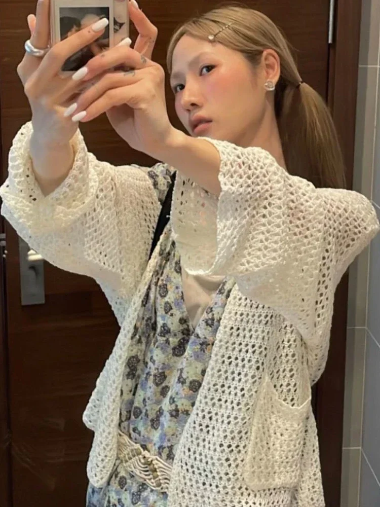 

Harajuku Knitted Cardigan Women Vintage Hollow Out Oversized Crochet Sweater Korean Fashion Long Sleeve Thin Tops Y2k Clothes