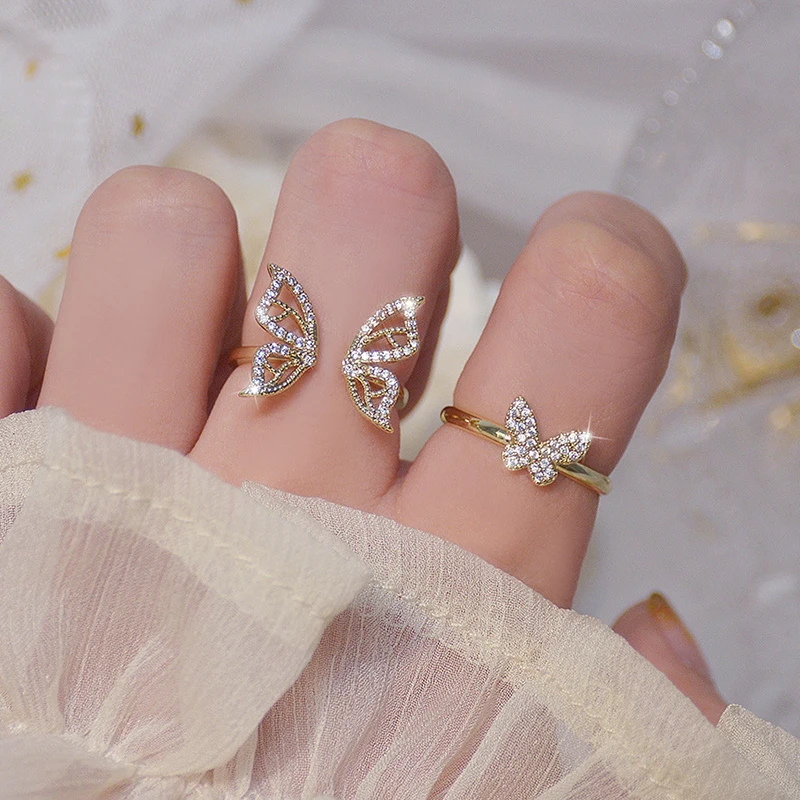 

Trendy Shiny Crystal Butterfly Open Ring for Women Fully-jewelled Rings Korean Simple Adjustable Finger Ring Charm Jewelry Gifts