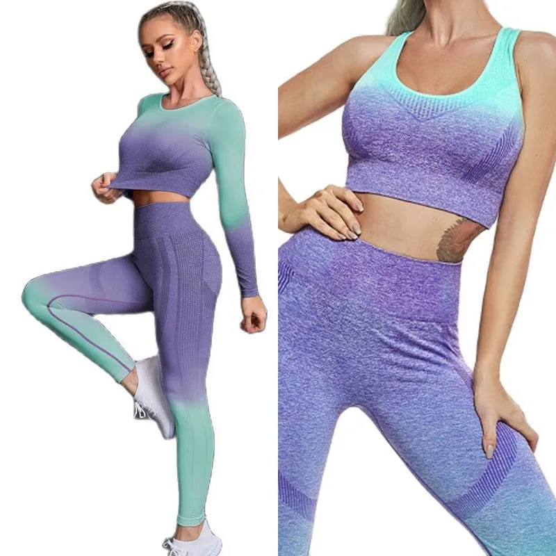 

2\3 PCS Seamless Yoga Sets Stitching Gradient Gym Suits Sports Bras Leggings Long Sleeve Crop Top Workout Clothes Sportswear