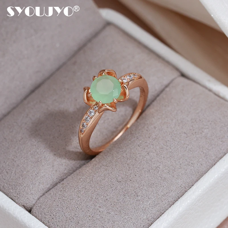 Emerald Natural Zircon Flower Shape Rings For Women 585 Rose Gold Color Fine Jewelry Luxury Design Vintage Opal Green Rings