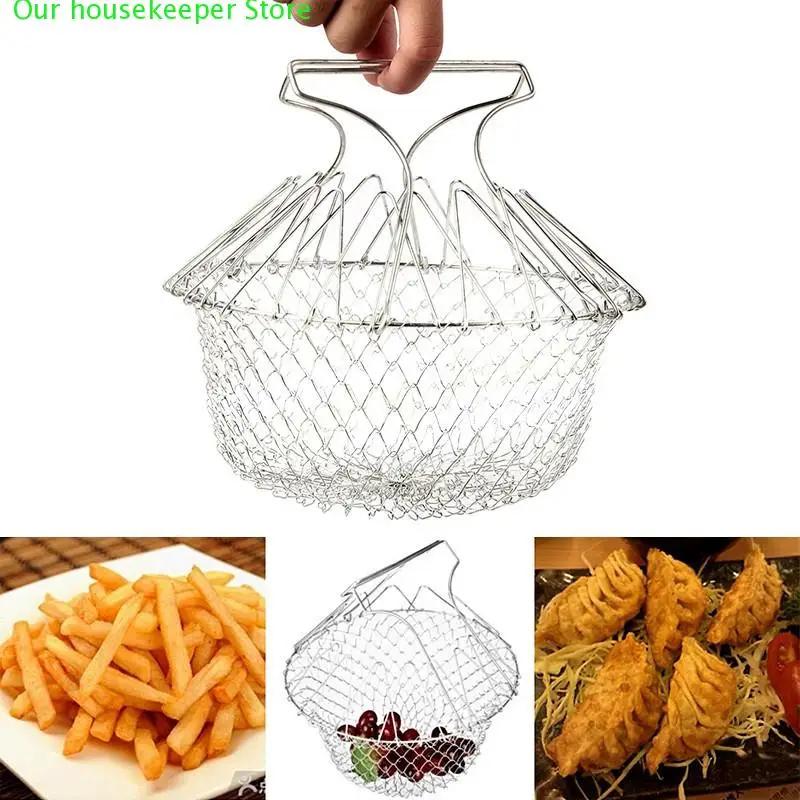 

Kitchen Cooking Tool High Quality 1Pc Foldable Fry Basket Steam Rinse Strain magic basket mesh basket Strainer Net