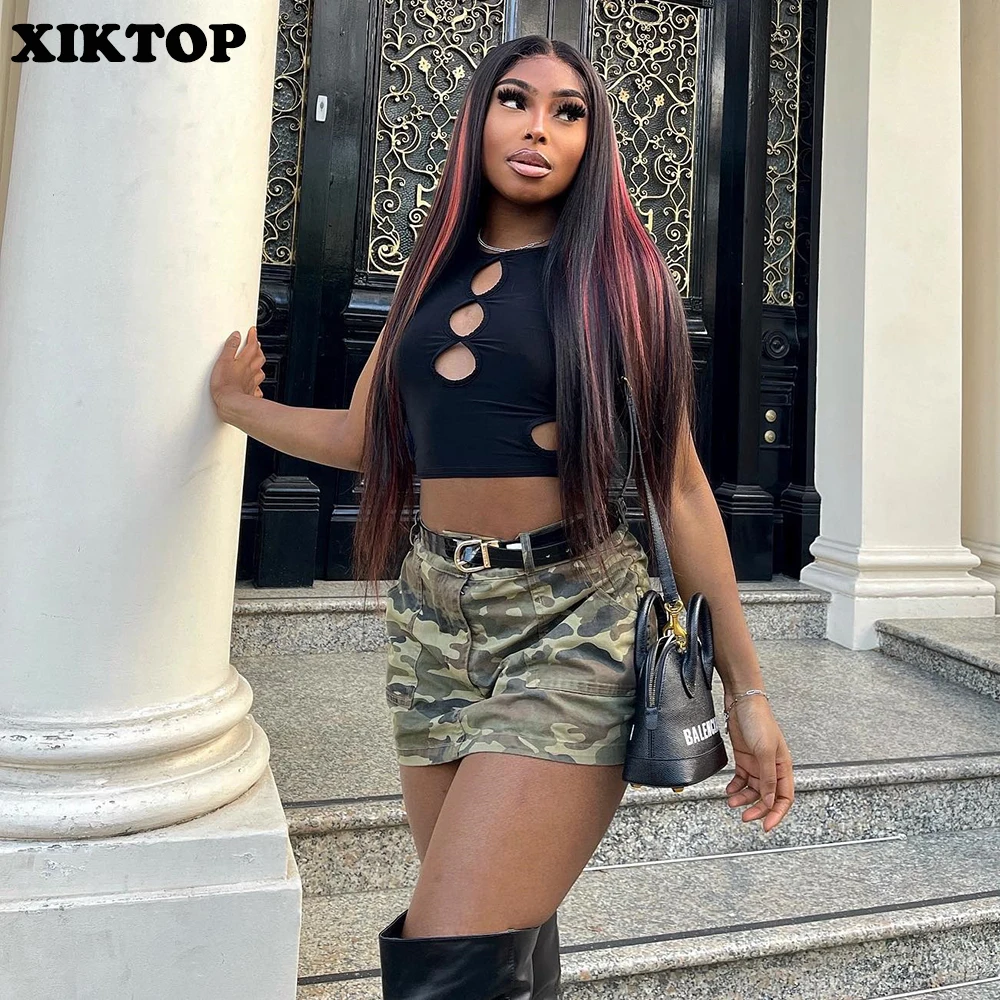 

XIKTOP Camouflage Skirts Women Summer 2022 Slim Casual Streetwear Zip Pockets Sexy Mini Skirt Vintage Female Clothing Grunge