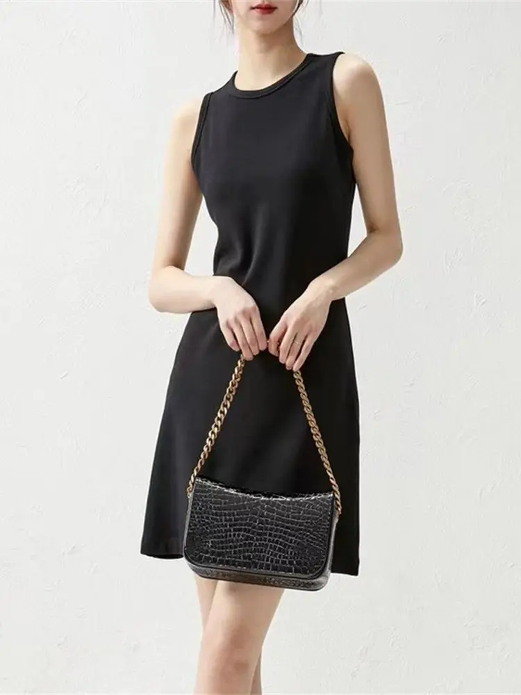 Women Sleeveless Simple Black Mini Dress 2023 Summer New Female O-Neck A-Line High Waist Slim Temperament Knit Dress
