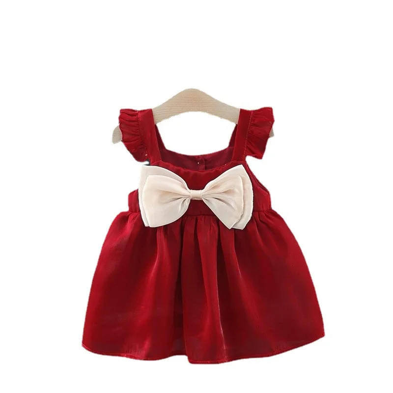 

New Style Baby Girls Princess Dress Kids Yarn Silk Solid Bow-knot Puff Sleeve Midi Dress Infant Bebe Korean Version Bodysuits 3T