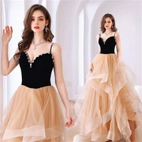fashion glitter spaghetti straps pleated organza prom dress a line sequined party evening dress multi layered guest dress