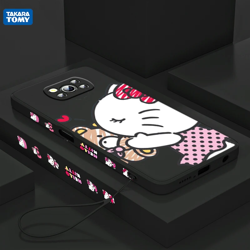 

Anime Hello Kitty For Xiaomi POCO X3 NFC F3 GT M4 M3 M2 Pro C3 X2 11 Ultra Silicone Liquid Left Rope Phone Case Cover Coque
