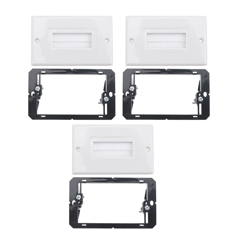 3 Pack Single Brush Wall Plate With Gang Low Voltage Mounting Bracket Cable Pass Through Insert For Wires