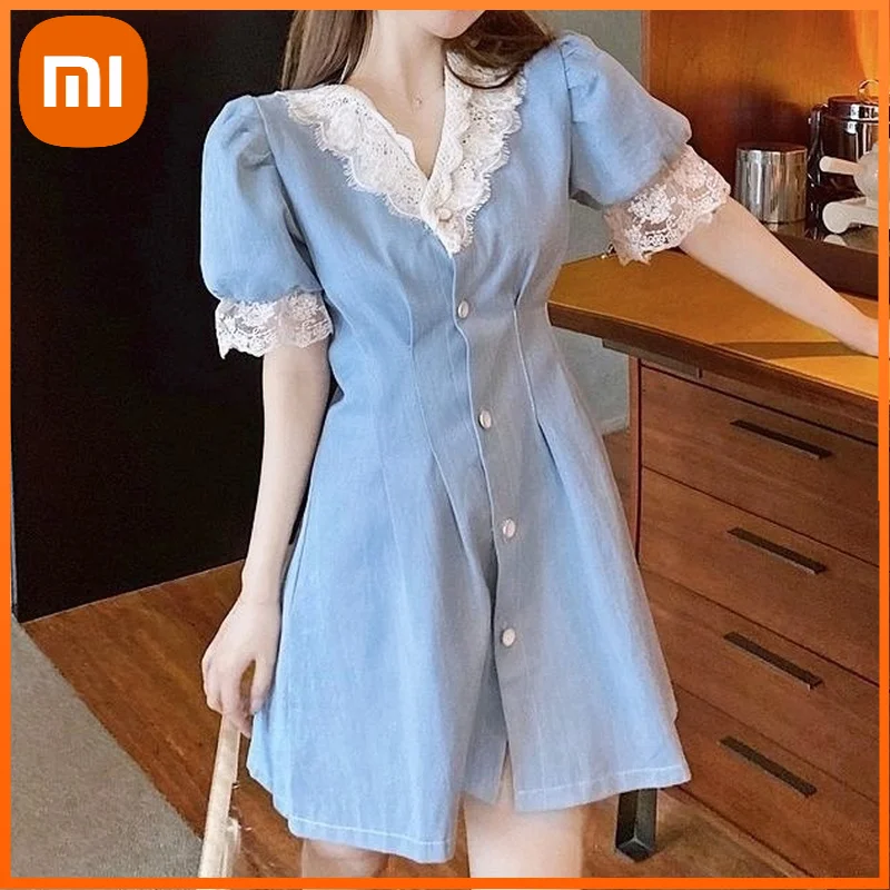 

Xiaomi Japanese Sweet Mini Dress Women Patchwork Design Lace V-neck Party Dress Female Puff Sleeve Summer Office Kawaii Dress