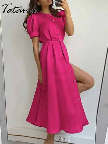Classic Women's Summer Dress with Slit 2023 Orange Elegant O Neck Maxi Dresses Office Ladies Buttons Up Holiday Dress for Women