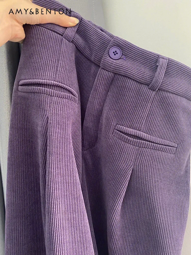 Purple Corduroy Wide-Leg Pants Women's Autumn Winter New European Goods Niche High Waist Loose Trousers Slim Fit Casual Pants