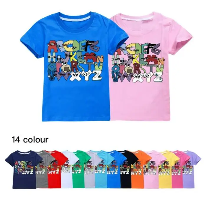 Boy's amp Girl's Fashion Tops Tees Children's 100% T-Shirts 26 Alphabet Lore Print Casual Family Clothing Set Kids For 2-14Years