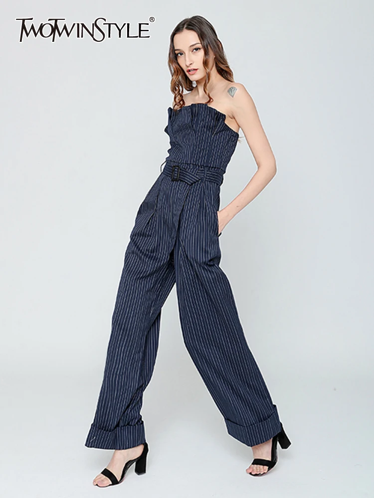 TWOTWINSTYLE Casual Denim Jumpsuit For Women Strapless Sleeveless High Waist Solid Minimalist Jumpsuits Female Summer Clothing
