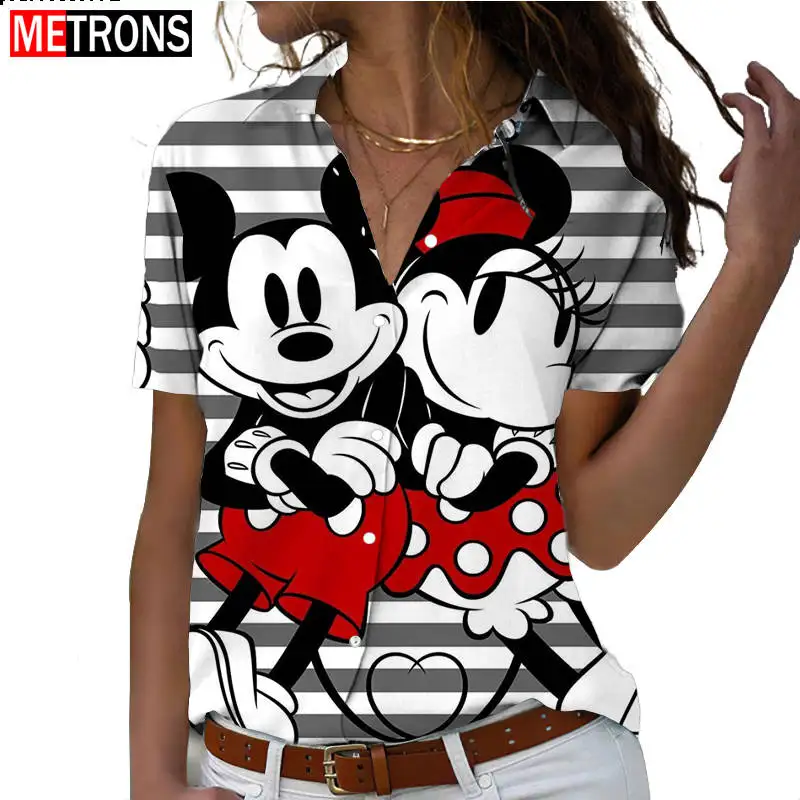 

Disney Minnie Mouse3D Printed Women's Shirt Stripes Fashion Temperament Hawaiian Style Short Sleeve Casual Loose Button Shirt