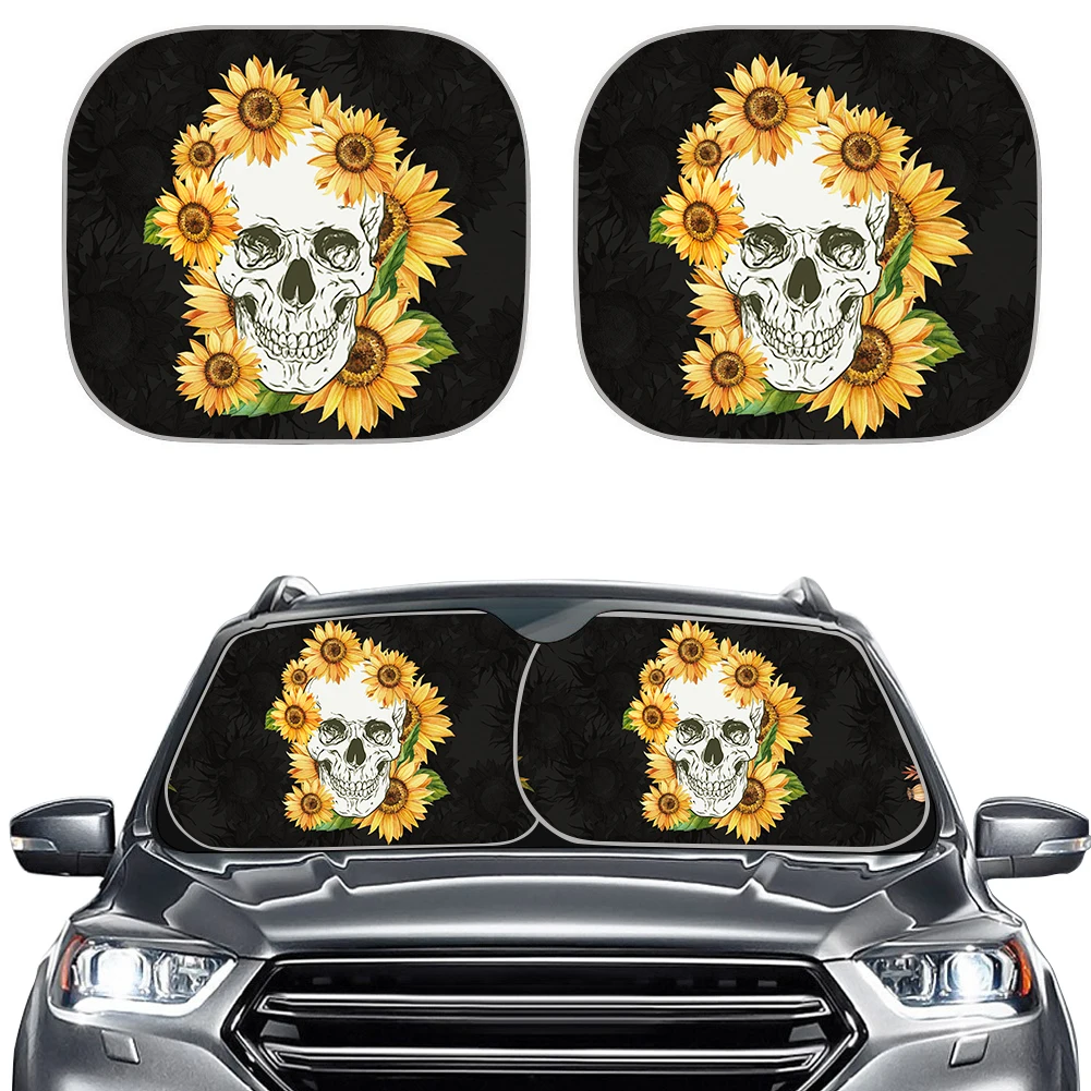 

Side Car Sunshades Sunflower Skull Print 2pcs Side Window Car Sun Shades for Car UV Protect Foldable Window Sunshade