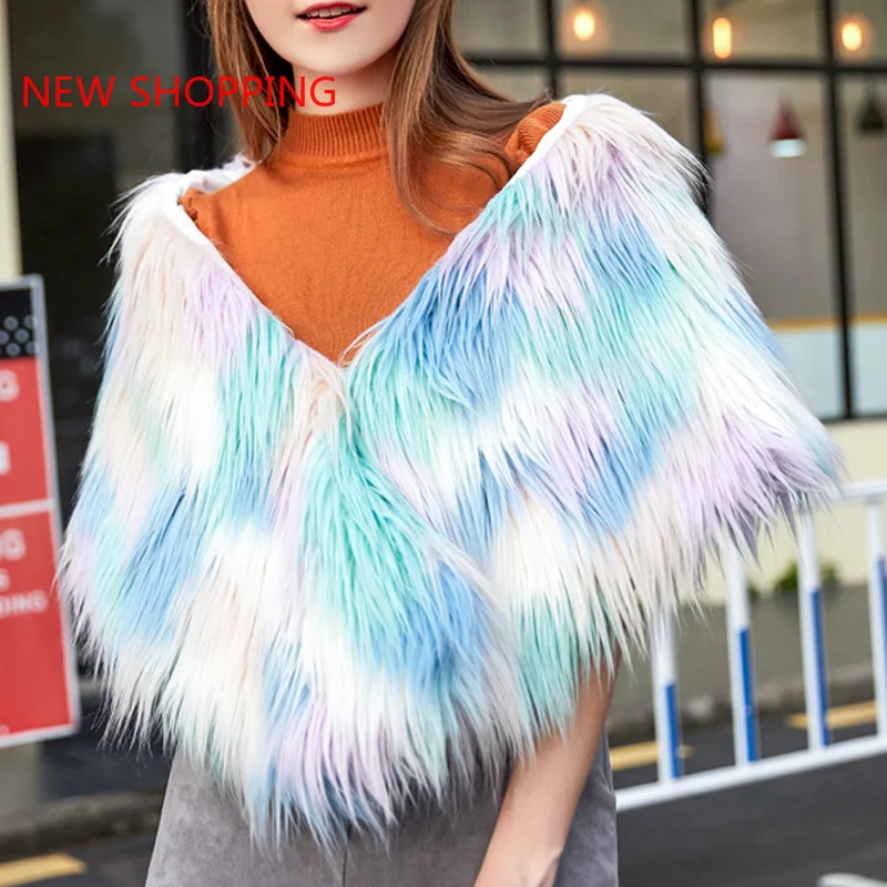 2021 Women's Winter Jacket Faux Fur High Quality Fashion Waistcoat Multicolor Hairy Natural Furry Women V-Neck Female Fur Tops