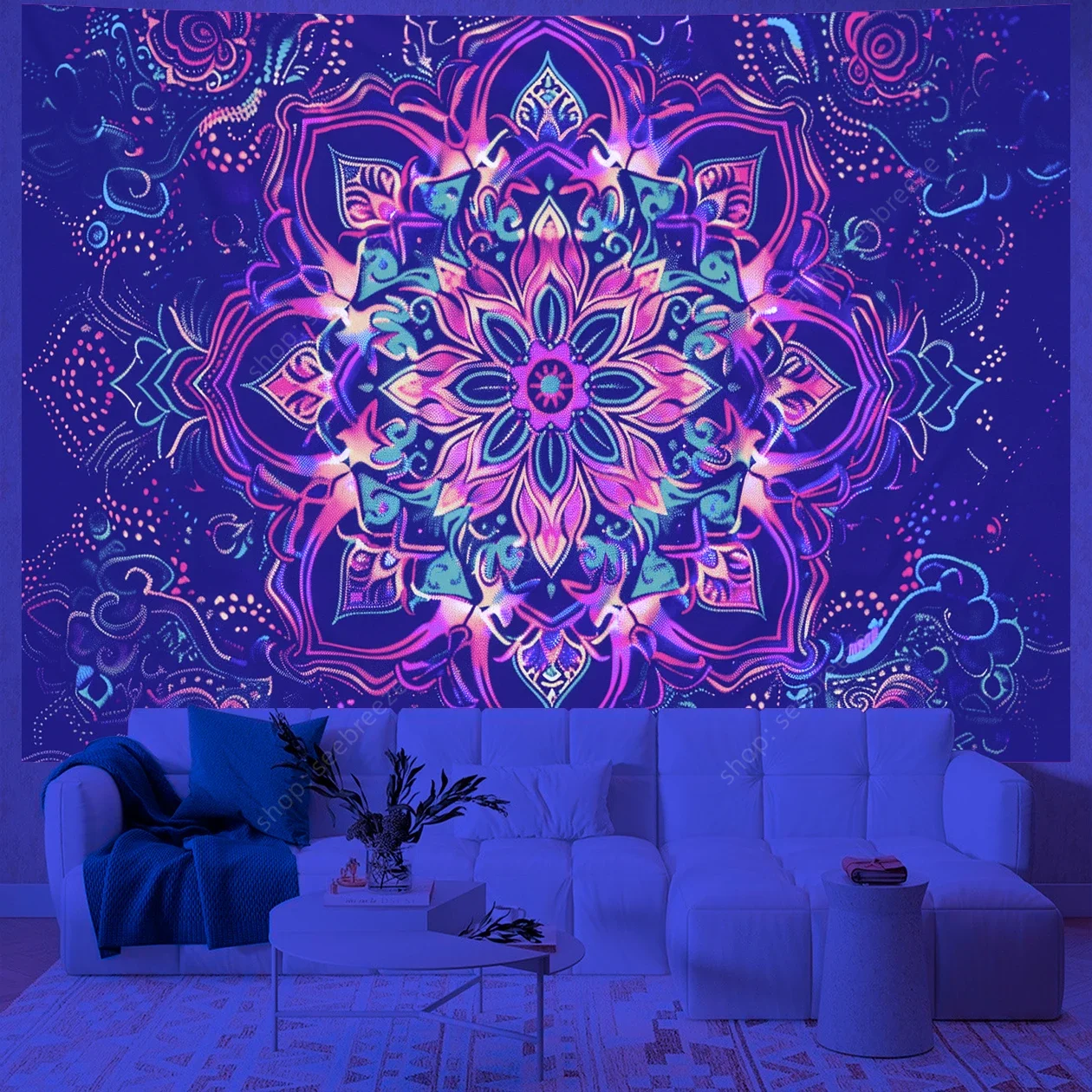 Мандала лотоса УФ-реактивный гобелен яркий розовый фиолетовый духовная