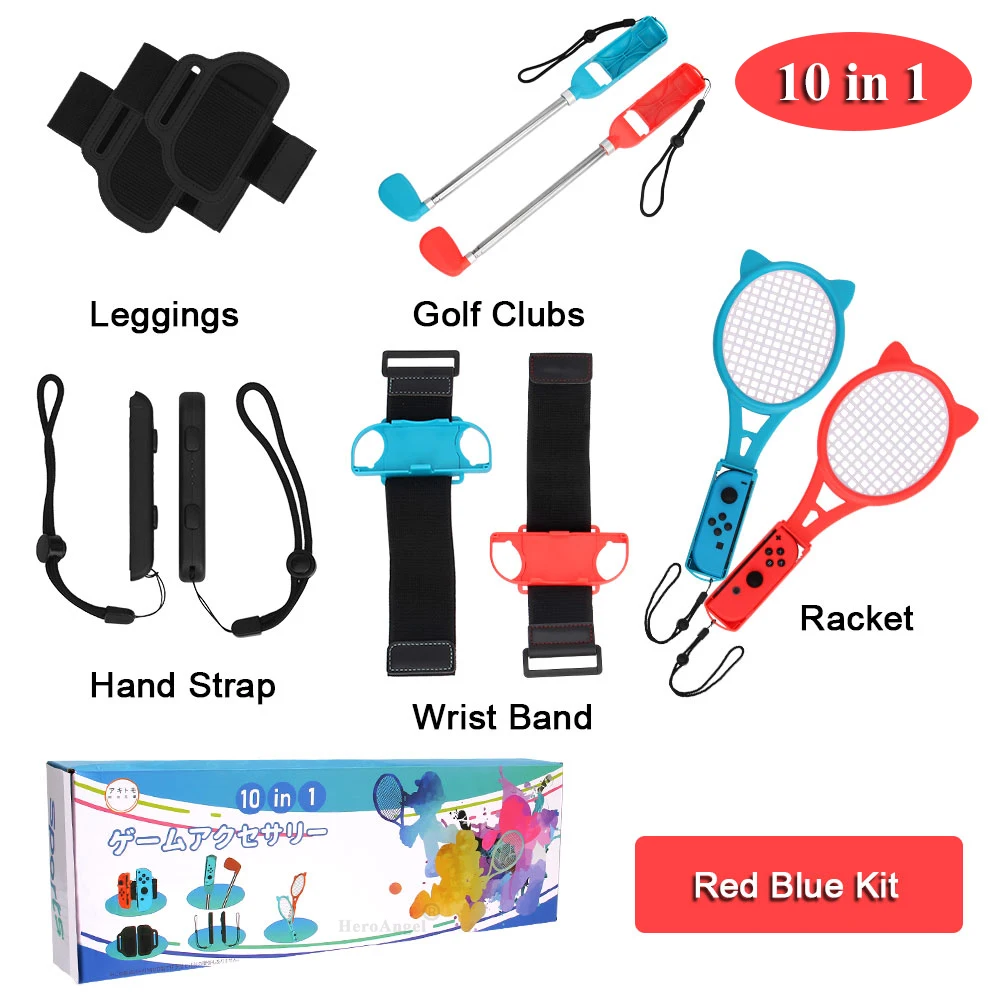 

Комплект спортивных аксессуаров 10 в 1 для Nintendo Switch joycon Grip, теннисная ракетка, гольф-клуб, наручный танцевальный браслет и ремешок для ног
