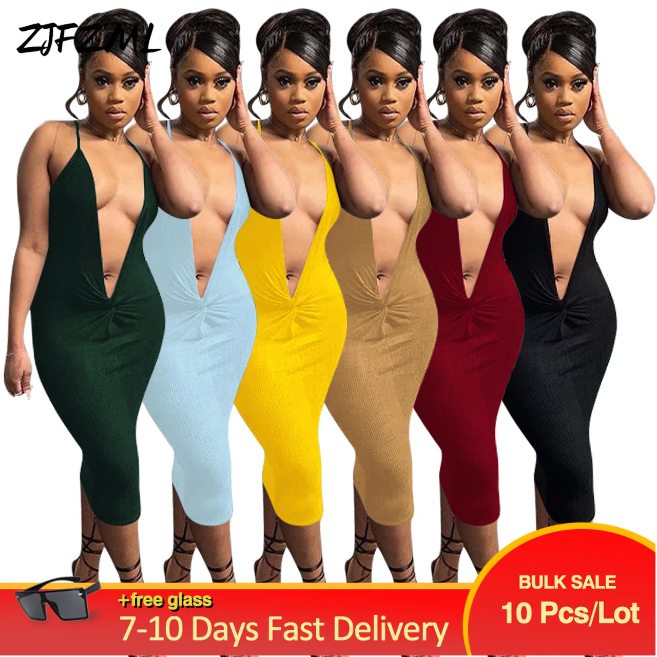

Bulk Items Wholesale Lots Cleavage Deep Dress for Women Night Club Halter Sleeveless Gathered Skinny Chic Vestidos Mujer Verano