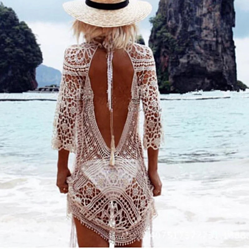 

Crochet Swimwear Cover Up Women White Lace Tunic Beach Dress Bohemian Backless Bathing Suit Bikini Swimming Beach Wear White New