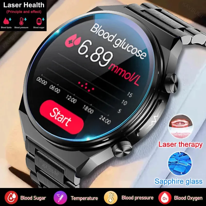 

2023New Laser Treatment Three High Smart Watch Men ECG+PPG Heart Rate Blood Sugar Meter Health Tracker SmartWatch Sapphire Glass