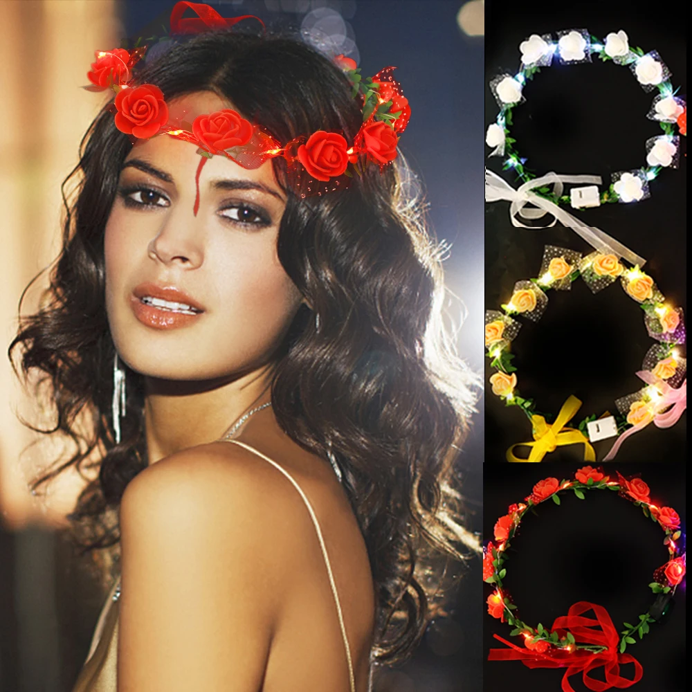 

LED Glowing Garland Wedding Party Women Garland Headband Luminous Hair Garland Hairband Crown Flower Wreath Light Decoration