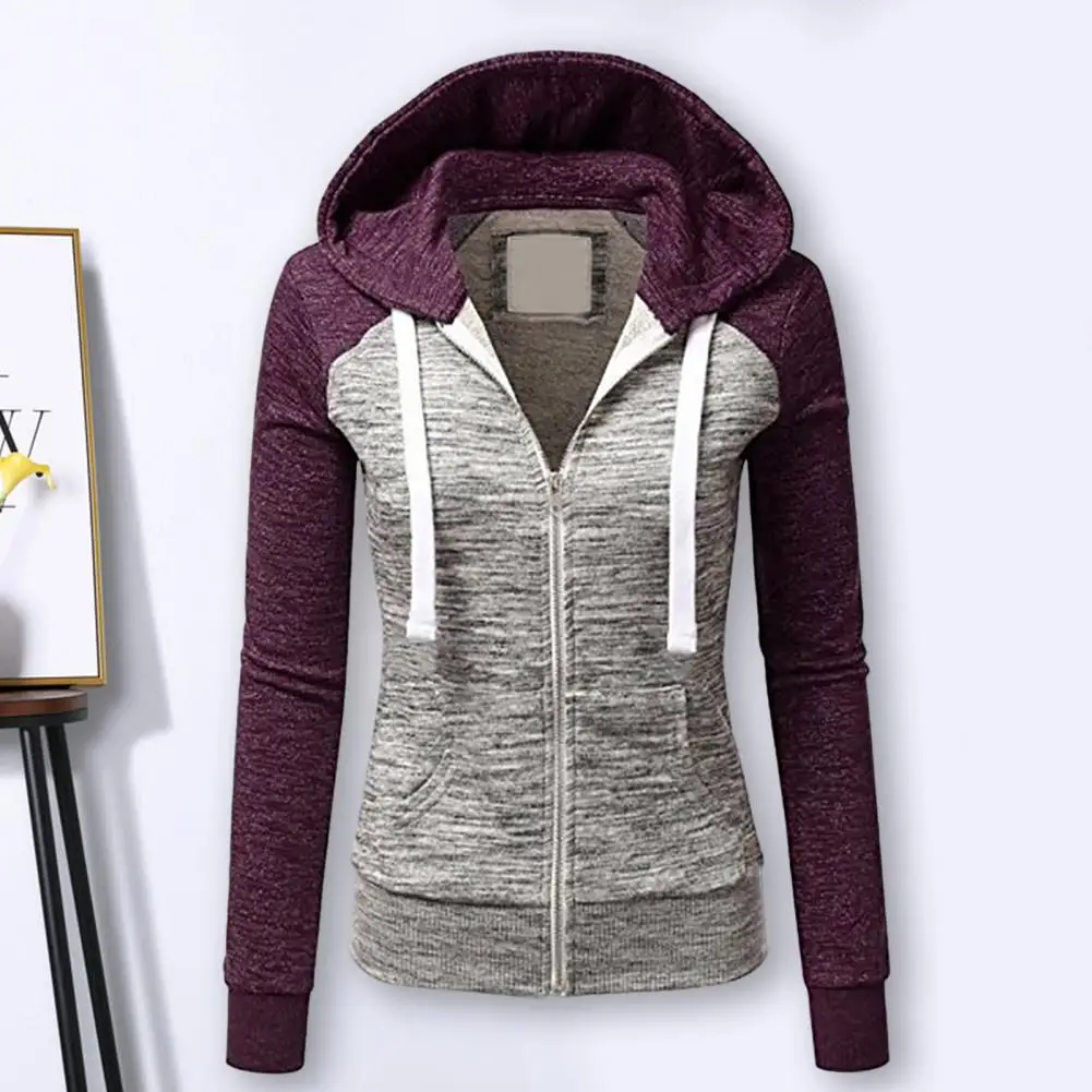 

Women Sweatshirt Coat Long Sleeves Pocket Drawstring Colorblock Hooded Keep Warm Breathable Lady Spring Coat Female Clothes