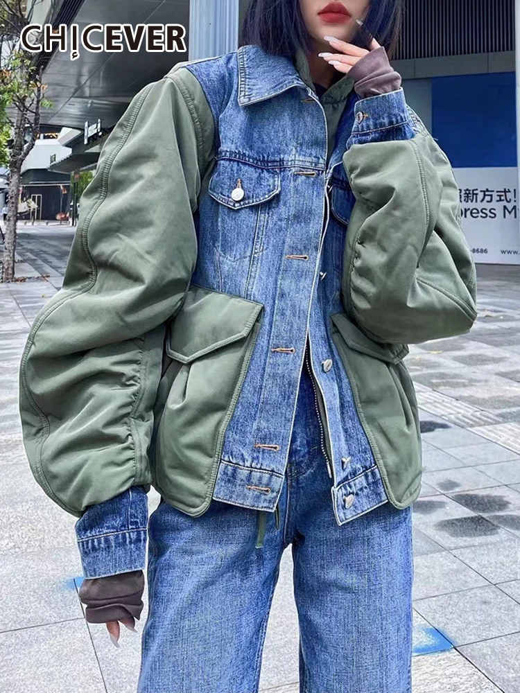 

CHICEVER Patchwork Denim Thick Coat For Women Stand Collar Loose Long Sleeve Colorblock Parka Female 2022 Winter Fashion Clothes