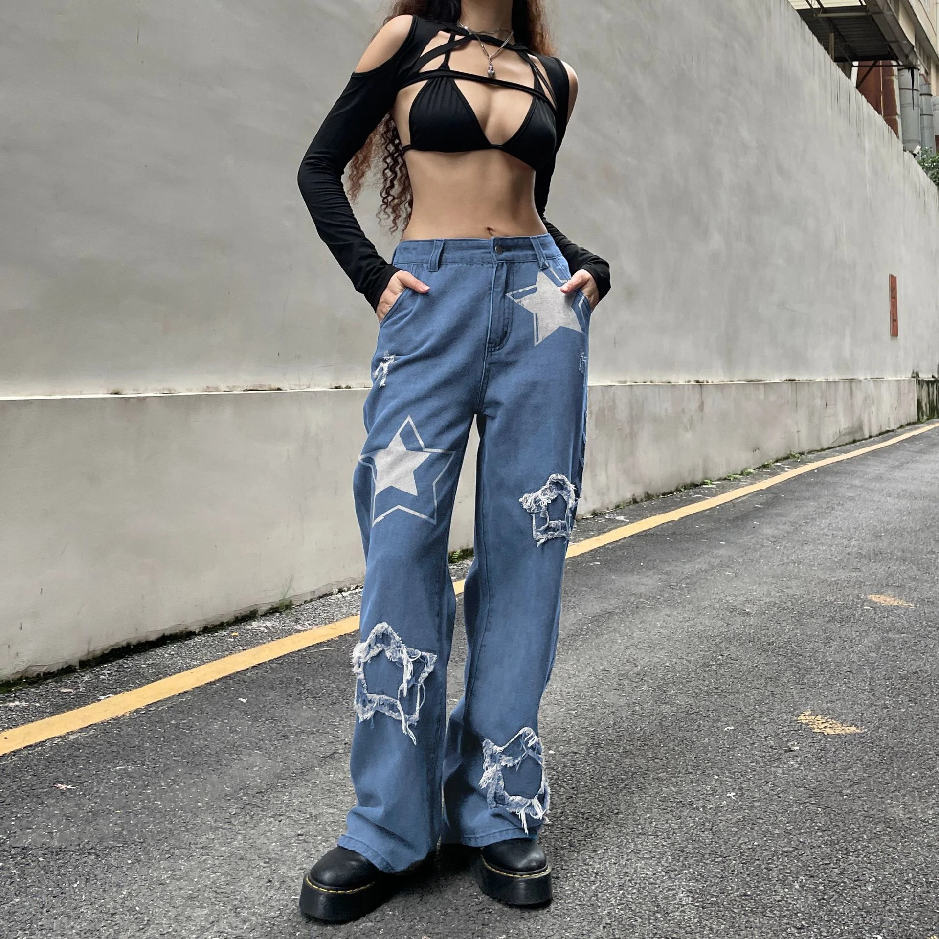 Factory Direct Custom Street Style Fashion Printed Star Straight Jeans Low Rise Y2k Black Pants