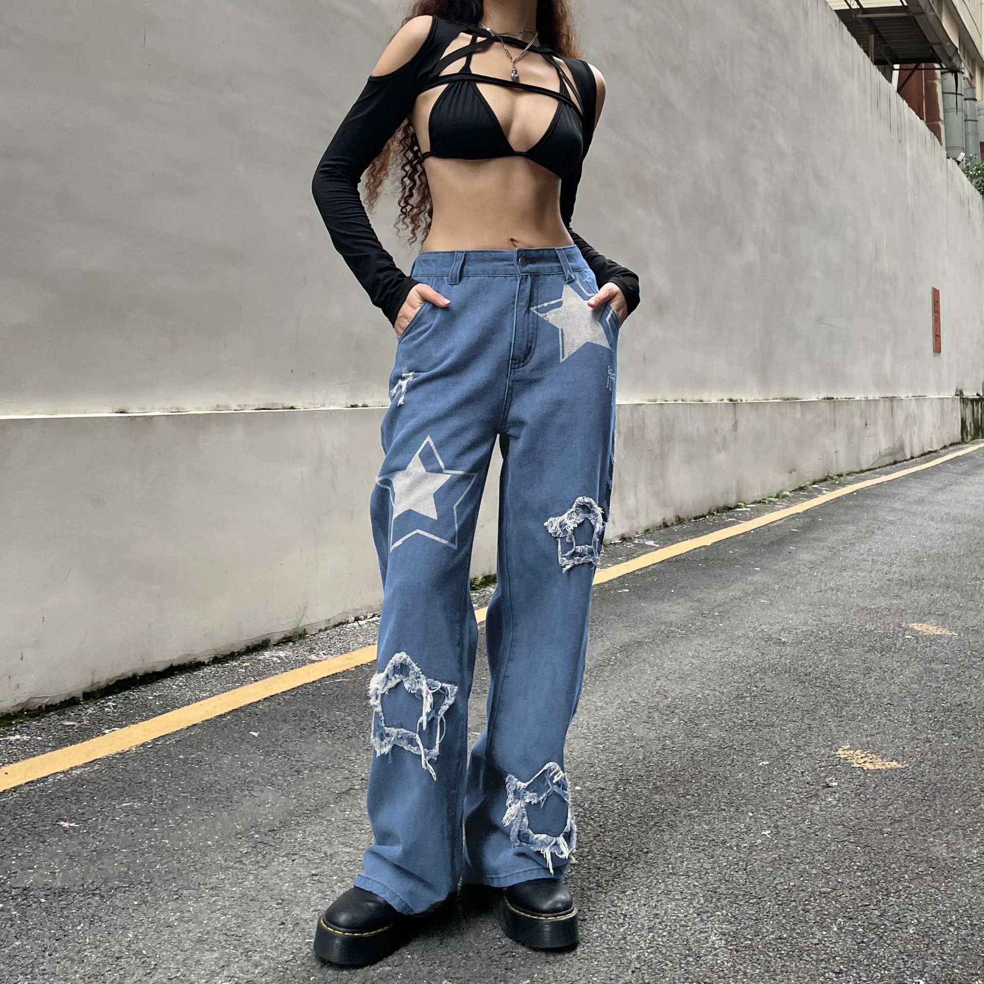 

Factory Direct Custom Street Style Fashion Printed Star Straight Jeans Low Rise Y2k Black Pants