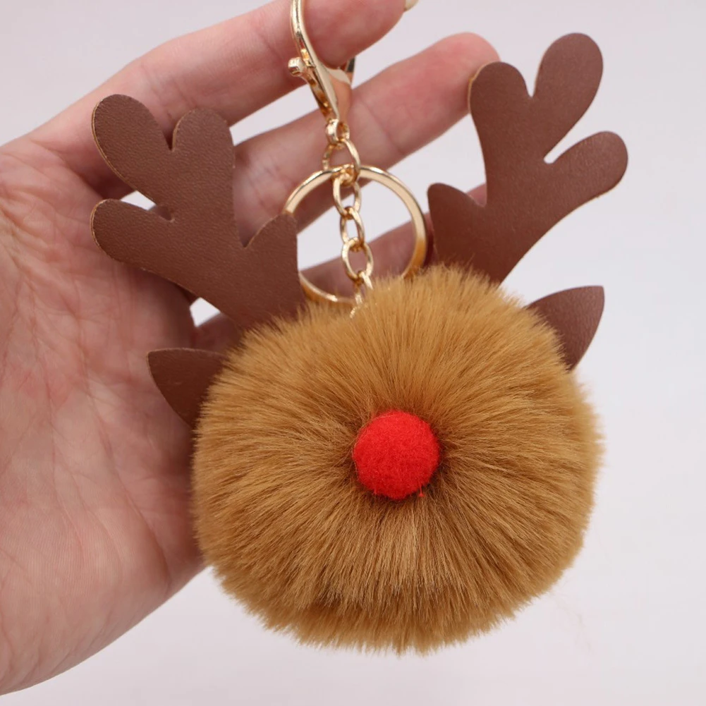 

New Christmas Elk Antler Fur Ball Keychains Cute Pendants Keyring Xmas Tree Ornaments Women Car Bag Accessories New Year Gifts