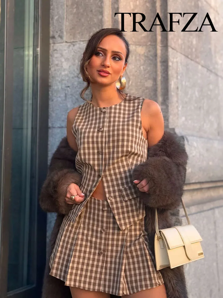TRAFZA женский комплект из 2 предметов модный клетчатый однобортный жилет с круглым
