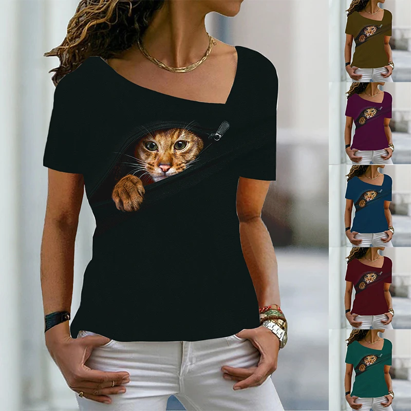 

Women's Fashion Tops Cotton T-Shirts V-Neck Top Prints Summer 2022 B17236