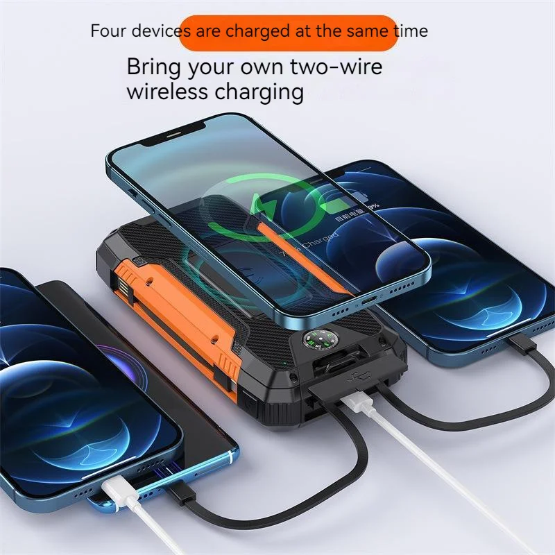 36800mAh Solar Power Bank Quick Charger Outdoor Powerbank External Battery Wireless Charging Backup Led Light Built In Cables