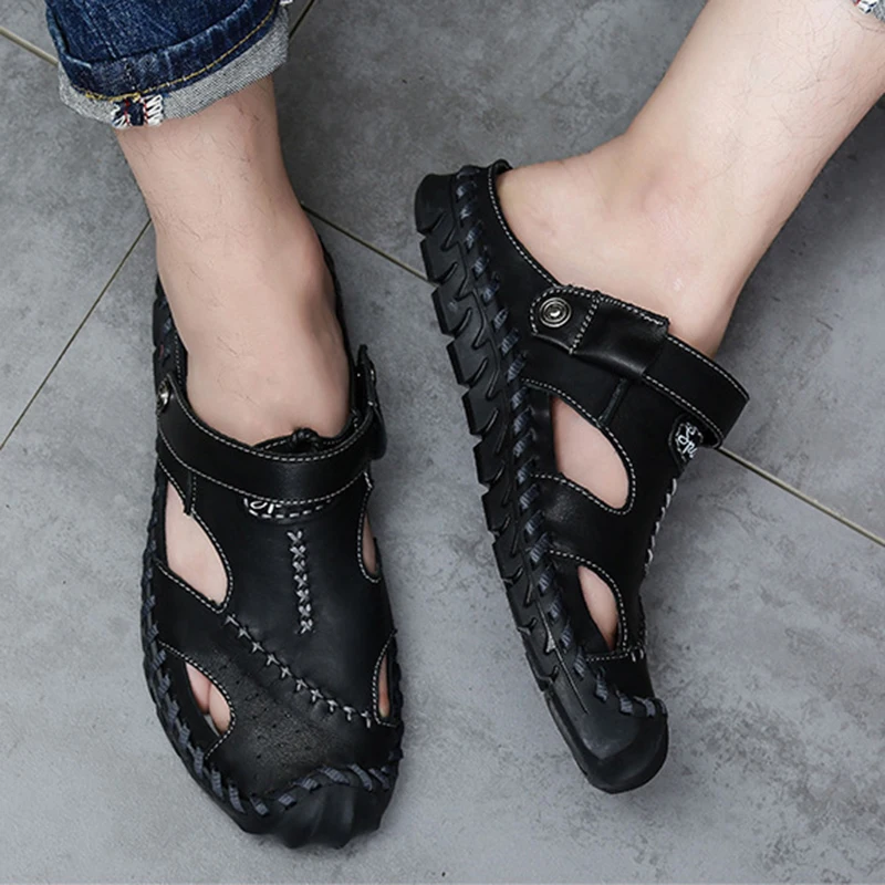 Летние мужские повседневные кожаные пляжные сандалии модные брендовые шлепанцы