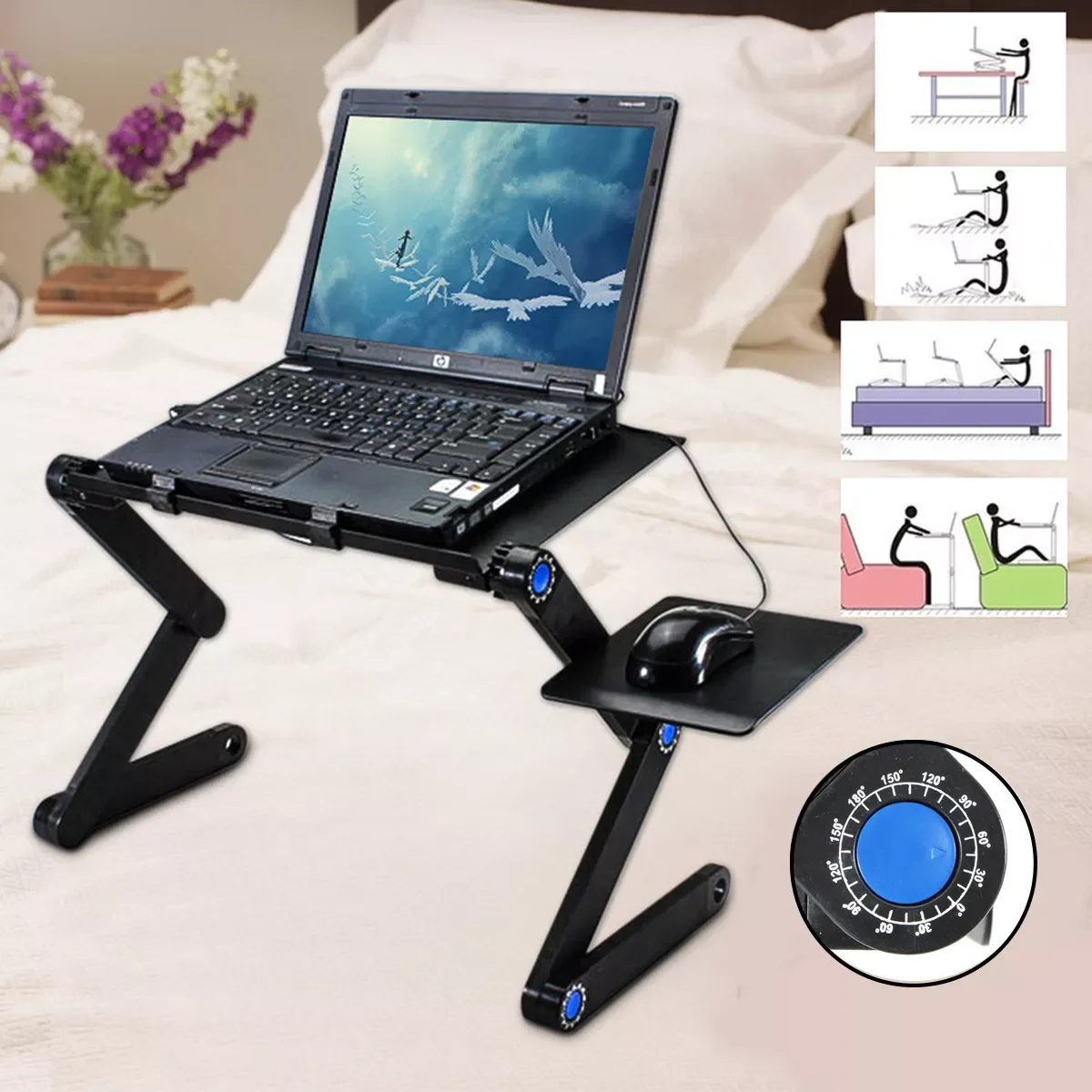 

360 Degree Foldable Adjustable Laptop Desk Table Stand Holder Durable Aluminum Laptop desk Tray with Cooling Dual Fan Mouse Pad