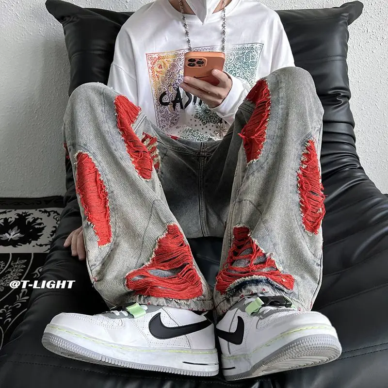 2022 High Street American Jeans Tide Brand Men's European And American Street Loose Wide Leg Tide Brand Red Line Ripped Trousers