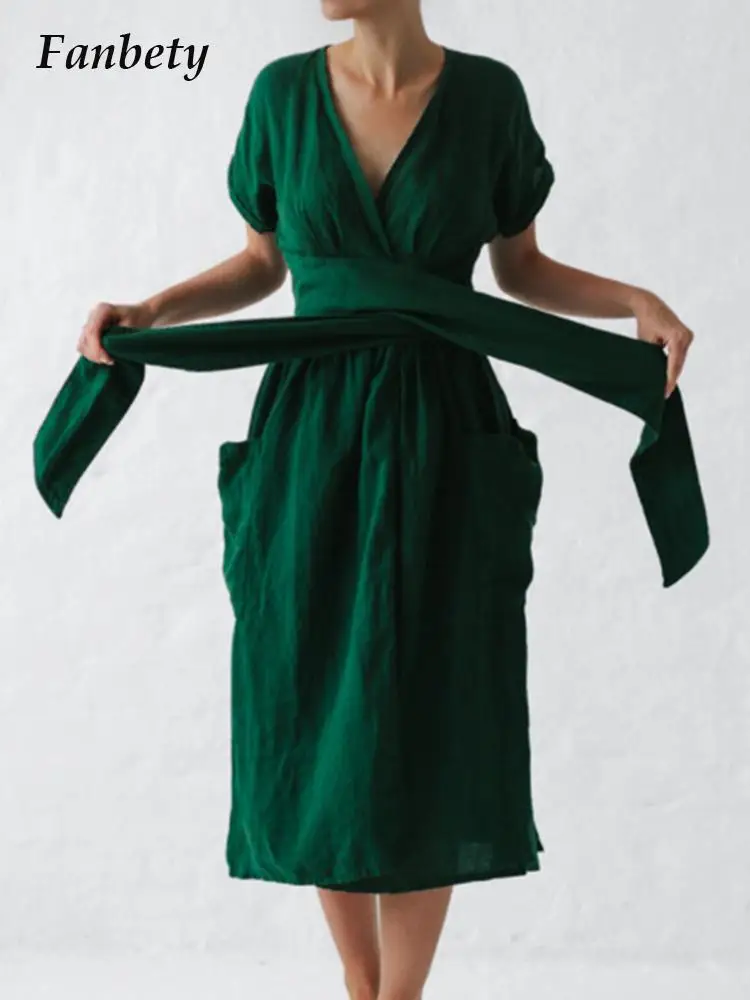 

Summer V-Neck Pocket Belt Solid Short Sleeve Dress Vintage Harajuku Cotton Linen Maxi Dress Women High Waist Pleated Party Dress
