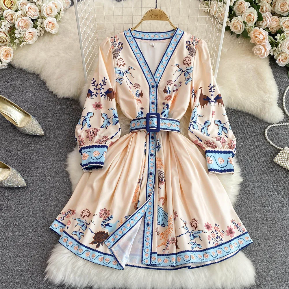 

SuperAen 2022 New Retro Style Flower V-neck Long Sleeve Belt Waist Mini Dress Female Color A-line Dress