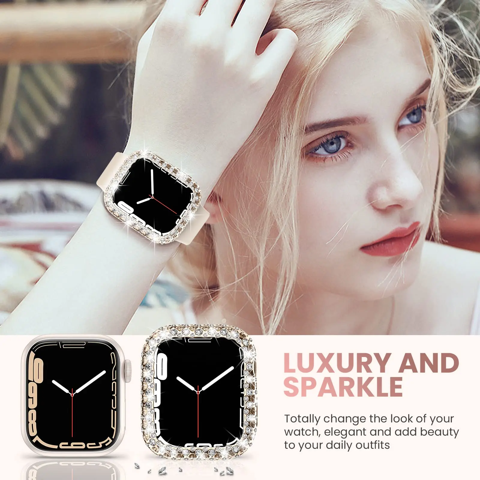 Bling Crystal Bumper Cover for Apple Watch Case 41mm 45mm Diamond PC Protective Hard PC Frame for IWatch Series 8 7 41mm 45 mm