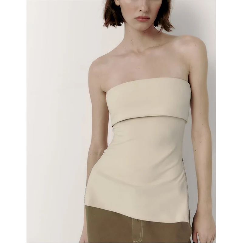 

Summer Women's Sexy Pure Desire Style Sleeveless Strapless Beautiful Back Tight Waist Slit Solid Color Top Women's 2023 Style