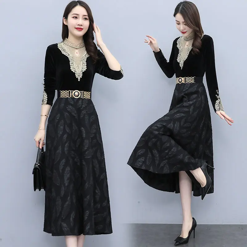 Vintage Hollow Out Lace Black Dress Long Sleeve Spring Autumn Women Stand Collar High Waist Long Dresses with Belt K72