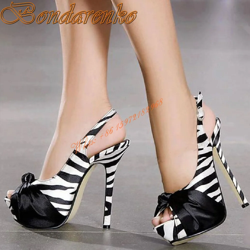 

Zebra Bow Knot Shallow Pumps Peep Toe Platform Slingback Dress Shoes Stiletto Heels Slip On Sexy Pumps Spring Women Wedding Shoe
