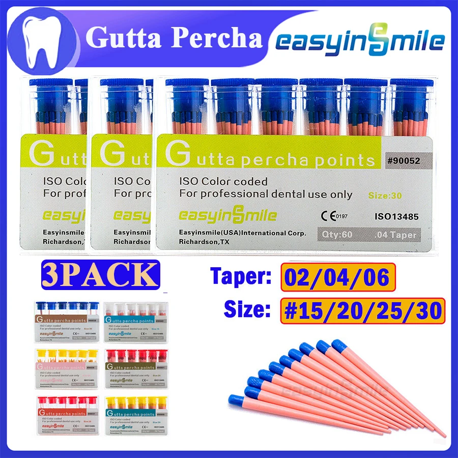 

Easyinsmile 60/120pcs/Box Dental Gutta Percha Points Endo Root Canal Filling Taper 02 04 06 Size 15-40 45-80 3Boxes