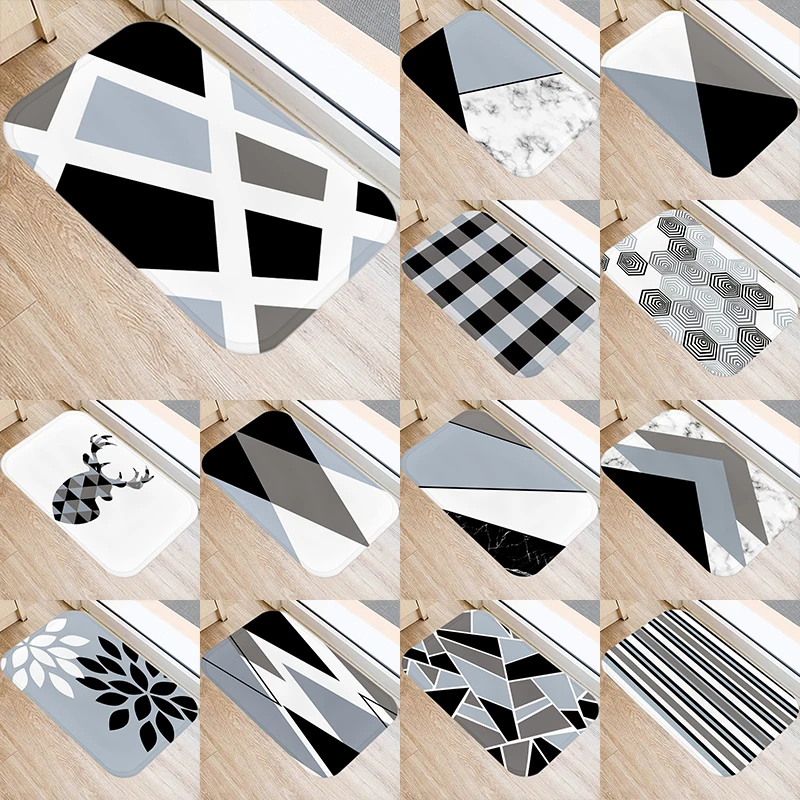 

Grey Blue Geometric Pattern Kitchen Entrance Door Mat 40*60 Coral Velvet Carpet Doormat Indoor Floor Mats Anti-Slip Rug 48073