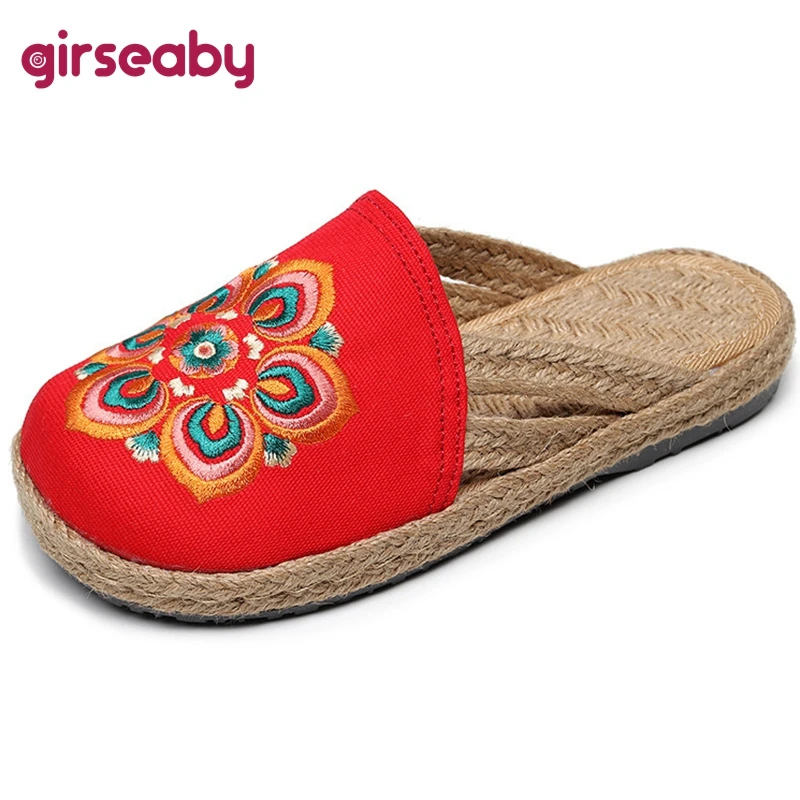 

2022 Women Casual Linen Handmade Embroidery Mules Flat Slippers Retro Vegan Summer Ladies Canvas Comfortable Espadrille Shoes